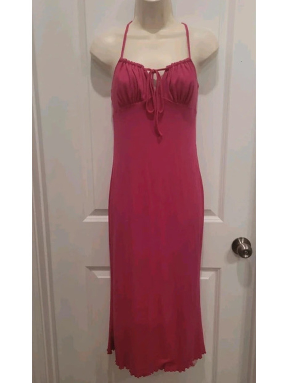 SHEIN Pink Women's Maxi Dress with Adjustable Tie Straps and Split Hem Small